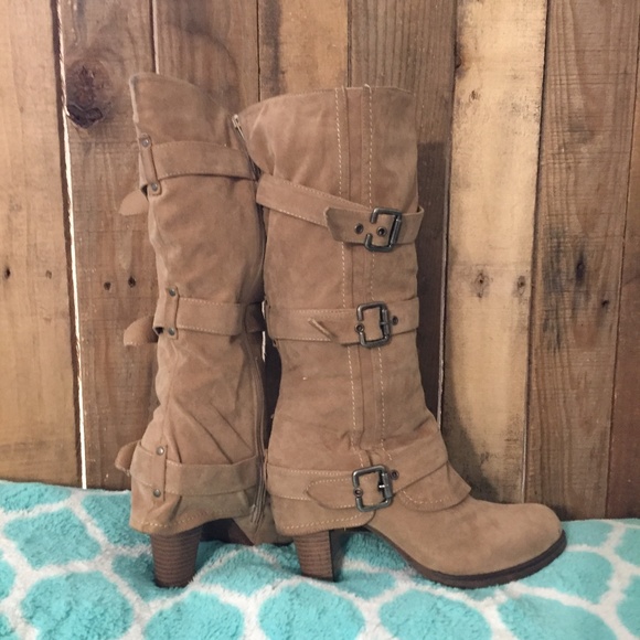 Charlotte Russe Shoes - Skirted Faux Suede Tan Knee Boots with Buckles